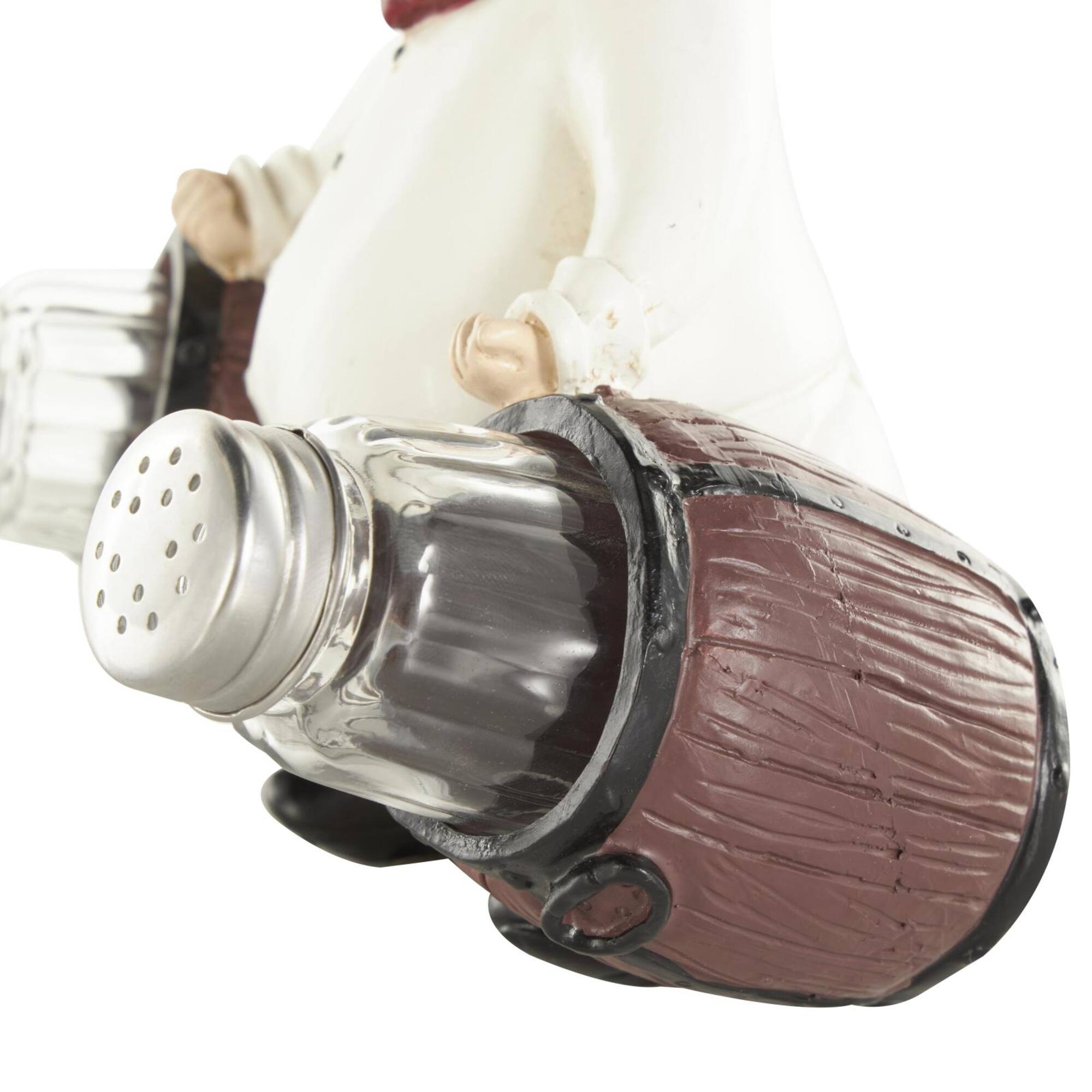7.5" White Polystone Chef Figurine Salt & Pepper Shaker Holder with Wood Barrel Accents